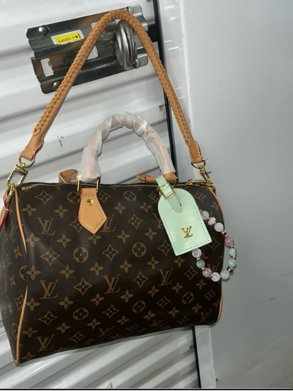 Cute fashion Brown Shoulder Bag with Mint Luggage Tag